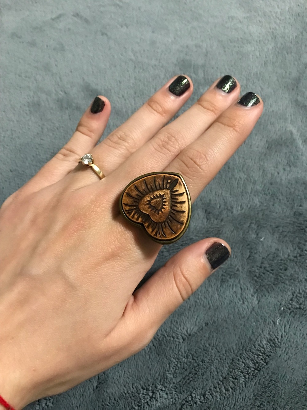 Carved Heart Dark Brown Wood Statement Adjustable Ring Size 8